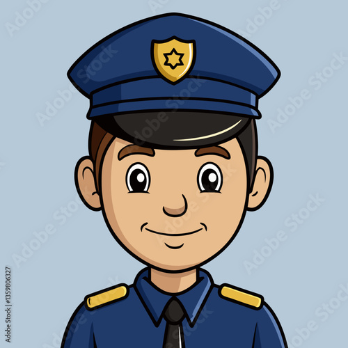 Smiling Police Officer Cartoon: A friendly cartoon illustration of a smiling police officer in uniform, perfect for children's books, educational materials, or websites related to law enforcement.