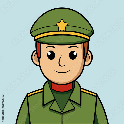 Smiling Soldier Cartoon Illustration: A friendly cartoon illustration of a smiling soldier in a green uniform, perfect for children's books, educational materials.