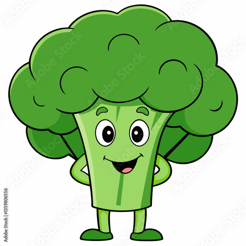 Happy Broccoli Cartoon: A cheerful cartoon broccoli character with a smiling face and hands on hips, radiating positive energy and health.