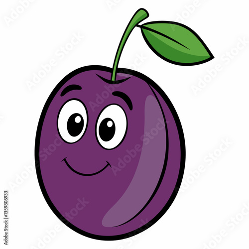 Happy Plum: A charming and whimsical illustration of a vibrant purple plum, complete with a cheerful expression, embodies the joy of nature and healthy living.