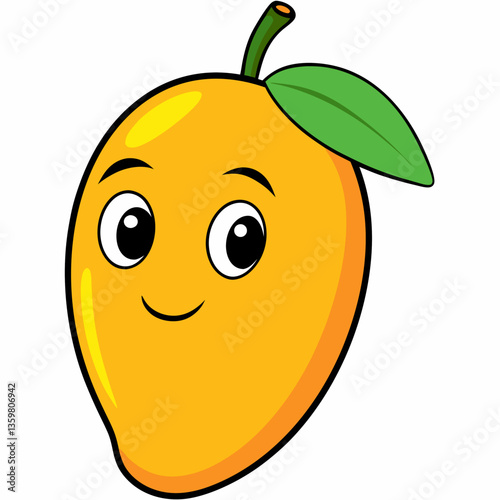 Cheerful Mango's Smile: A charming cartoon mango, radiating happiness, it is sweet-looking fruit with a vibrant smile that brightens any day.