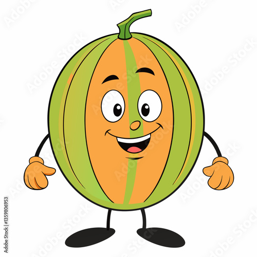 Cheerful Melon Character: A jovial and wholesome melon character, radiating happiness and health, stands with a friendly smile, embodying the freshness of nature's bounty.