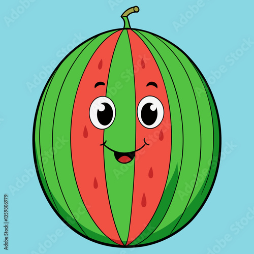 Smiling Watermelon: An inviting cartoon watermelon with a friendly face, depicting freshness, joy, and summery delight.