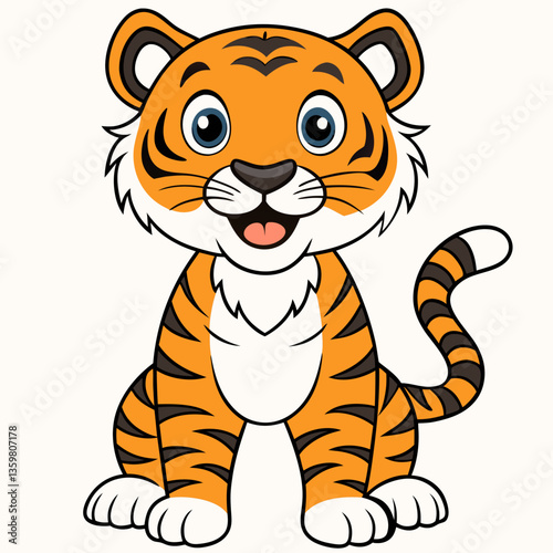 Happy tiger cub illustration: A delightful illustration showcases a charming and cheerful tiger cub, embodying innocence and vibrancy, perfect for playful designs.