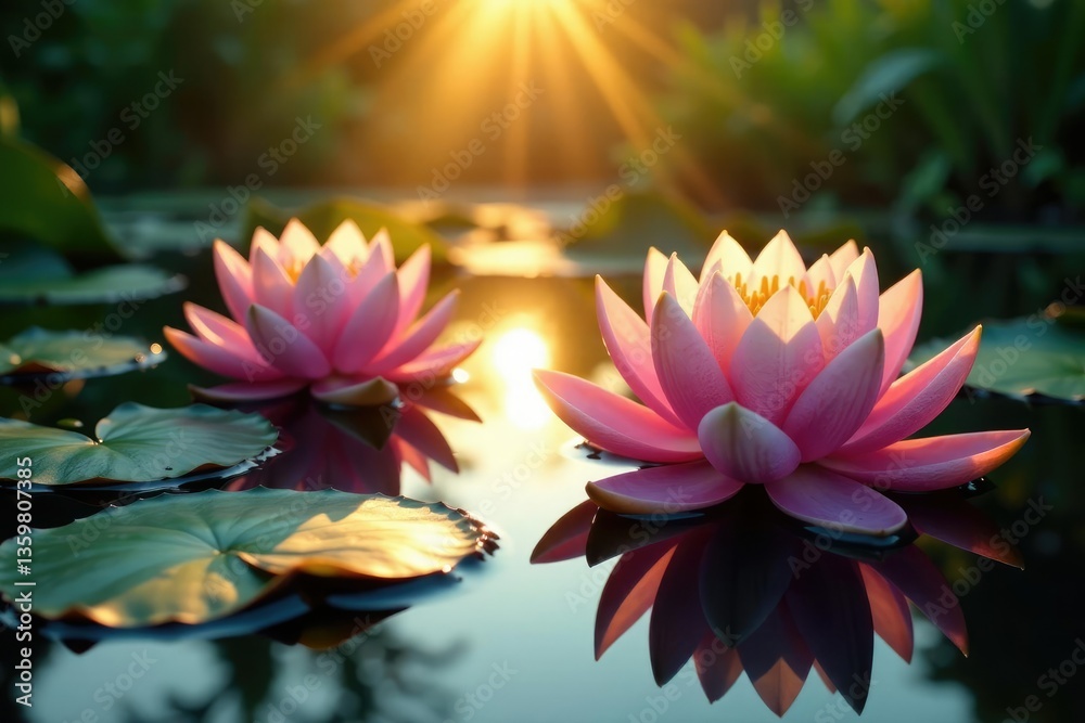 Water lilies with sun rays breaking through the water, England, UK Water lilies with sun rays breaking through the water, England, UK