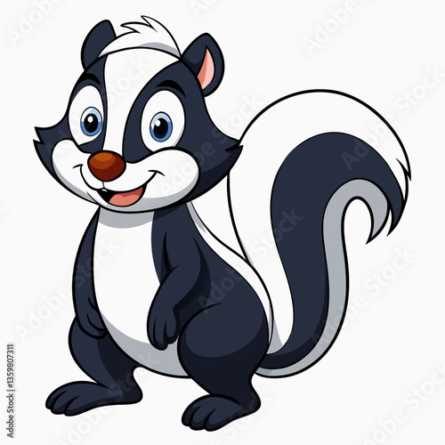Happy Skunk: A charming cartoon skunk stands proudly, its striped body and fluffy tail exuding joy and playfulness, the embodiment of wildlife wonder.