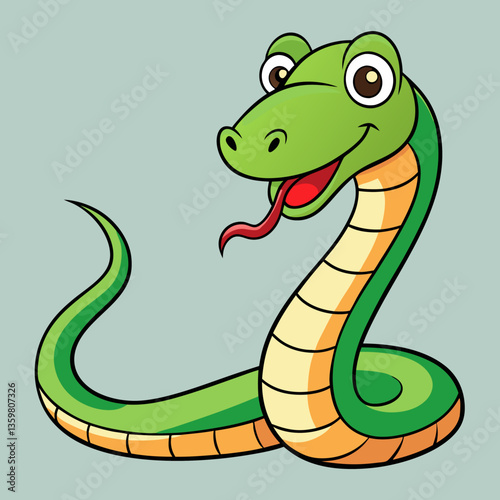 Cartoon Green Snake: A playful cartoon of a vibrant green snake with a friendly smile and a long red tongue, set against a plain backdrop.