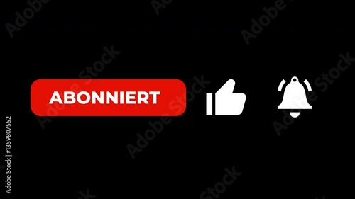 German Language Subscribe Button Animation.  Subscribe Button Youtube With Bell and Like. Deutsch, Abonnieren, Abonniert. Alpha Channel