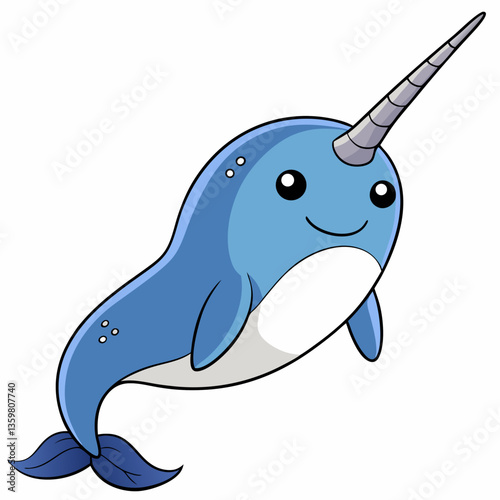 Whimsical Narwhal Illustration: A delightful cartoon depiction of a narwhal, a mythical marine mammal with a long, spiraled tusk, brings a touch of fantasy and charm to the underwater world.