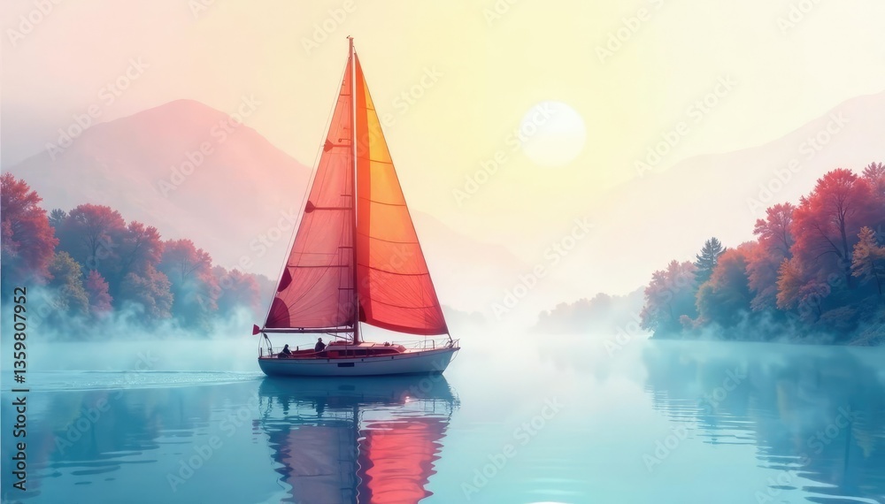 Naklejka premium Watercolour sailboat sailing in a misty atmosphere, watercolour, sail, misty
