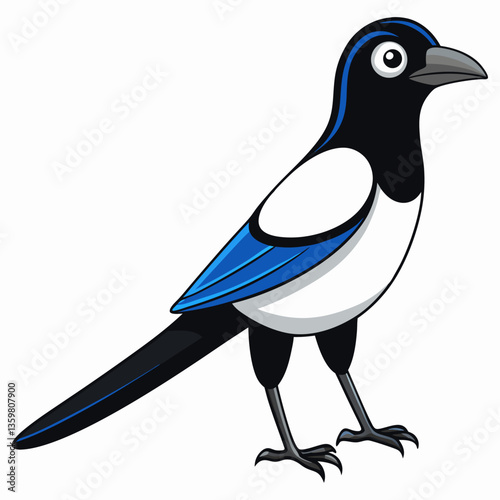 Magpie Bird: A cartoon magpie bird with detailed vibrant feathers on clean background.