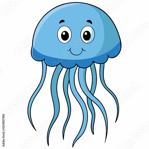 Smiling Cartoon Jellyfish: A charming cartoon jellyfish with a cheerful smile and flowing tentacles, floats in the depths of the sea, ready for fun!