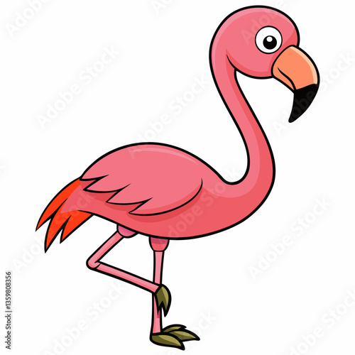 Standing Flamingo: A cheerful flamingo stands elegantly on one leg, embodying the vibrant spirit of the tropics with its bright pink feathers and striking black beak.
