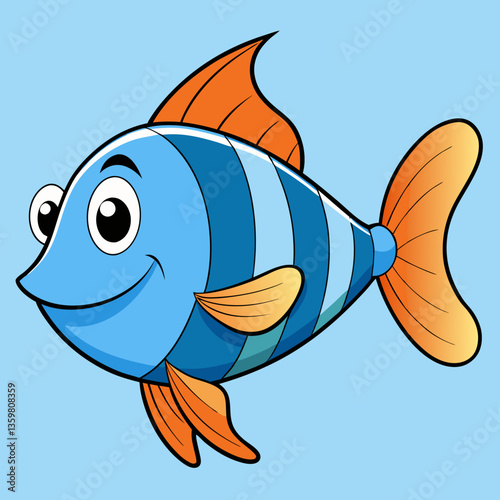 Playful Aquatic Friend: An adorable cartoon fish with vibrant blue and orange hues, swimming joyfully against a light blue backdrop, ready to bring smiles and charm to any creative project.