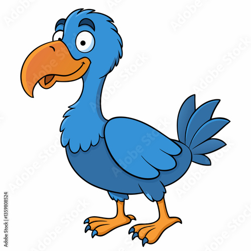 Cartoon Dodo: A charming cartoon dodo bird with bright blue feathers and a large orange beak stands cheerfully, embodying a sense of fun and whimsical nature.