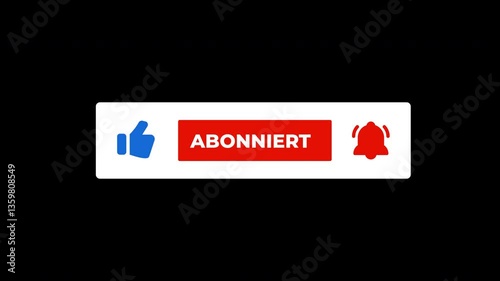 German Language Subscribe Button Animation.  Mouse Click Subscribe Button With Bell and Like. Deutsch, Abonnieren, Abonniert. Alpha Channel