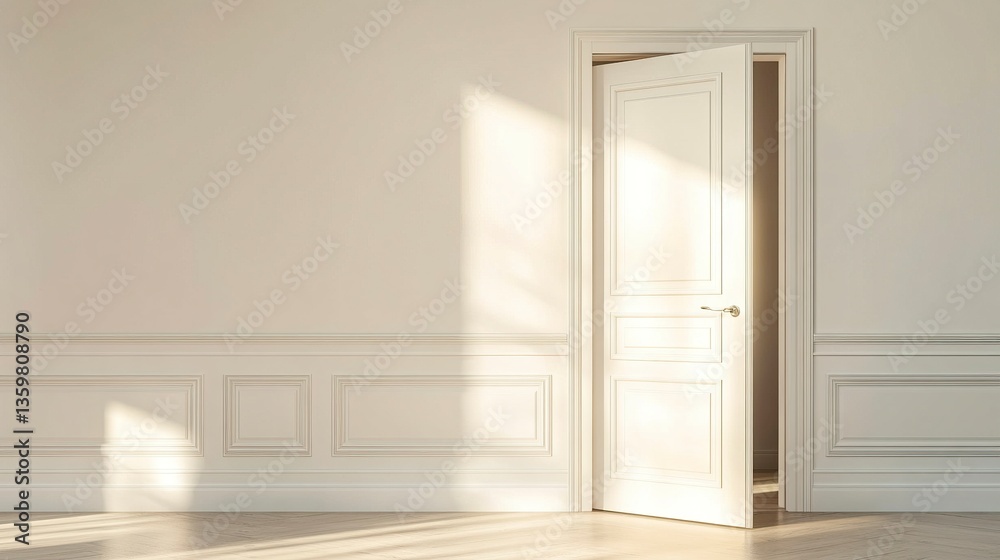 Fototapeta premium Minimalist interior wall mockup, clean lines and muted tones, volumetric light streaming in from a side window, highlighting the simplicity and elegance, wide-angle doorway shot