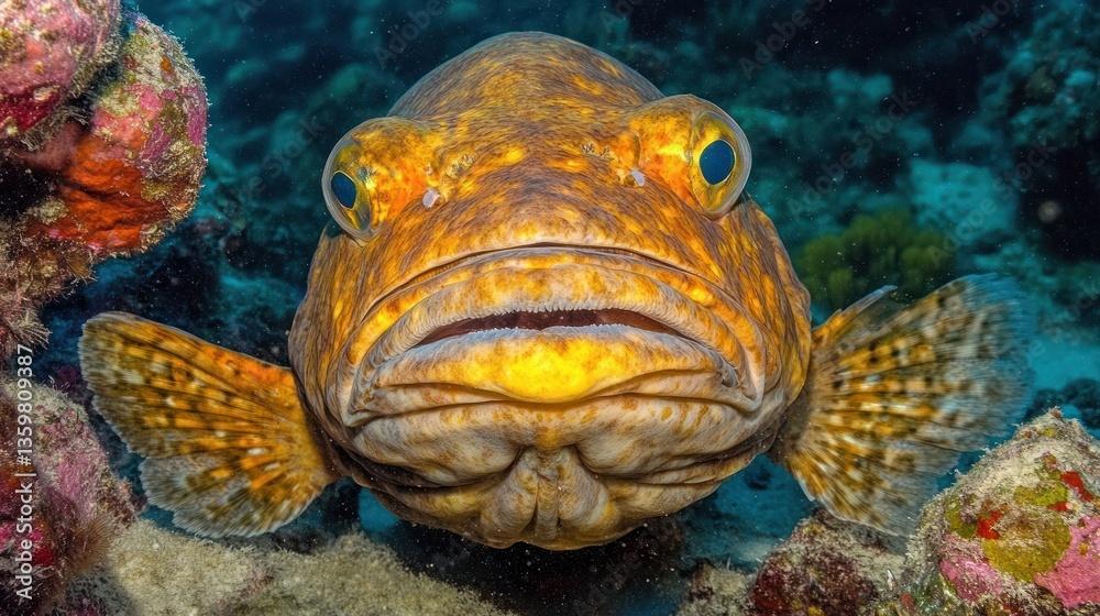 A close-up of a vibrant orange fish swimming in a coral reef.