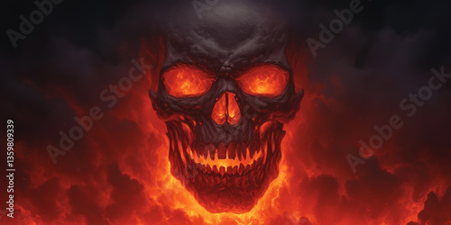 Terrifying skull with molten eyes and a sinister grin rises from blazing fire and smoke. Dark fantasy artwork with apocalyptic tone, illustration for hell, evil or death concept