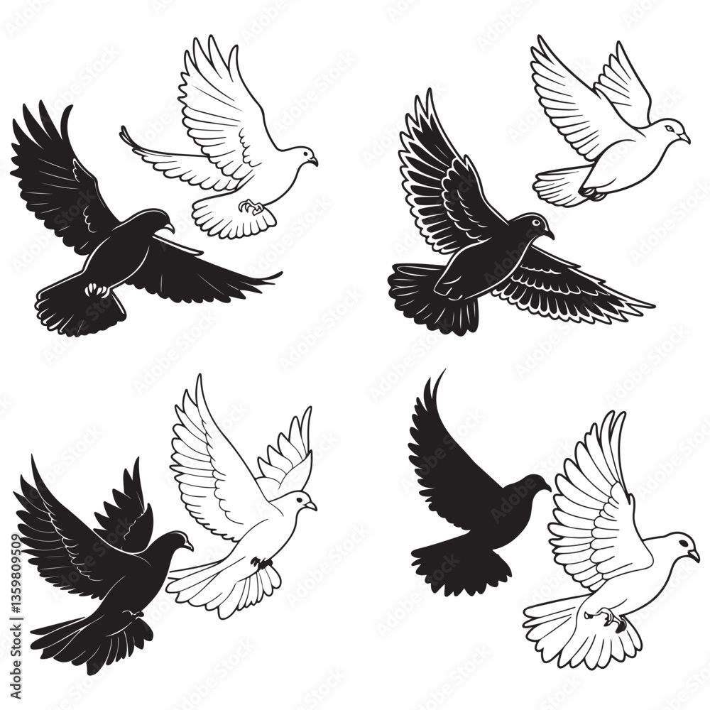 Fototapeta premium Pigeon silhouette, flying dove silhouette vector on white background