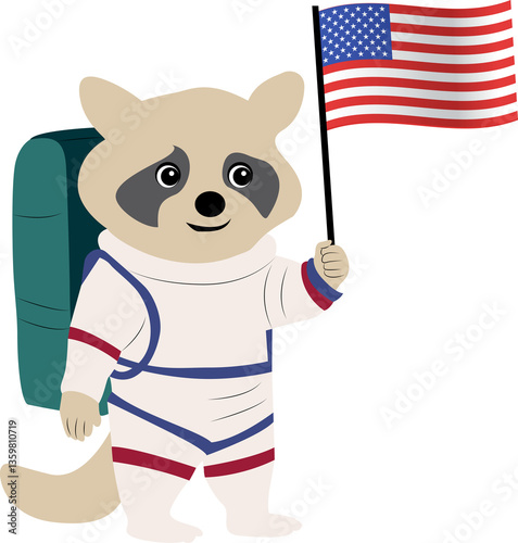 Fototapeta Naklejka Na Ścianę i Meble -  A cartoon character of a raccoon wearing an astronaut suit, holding the USA flag copy