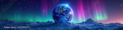 Celestial sphere with glowing aurora borealis and dark starfield background, cosmic glow, glowing aurora