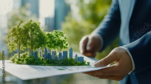 Businessman planning environmental protection, esg display on eco friendly company chart