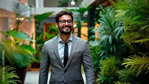 Wallpaper Mural A smiling executive strolls with a smartphone in a green atrium wearing formal attire and a relaxed expression. Concept of eco-friendly architecture, positive mindset, and professional growth. Torontodigital.ca