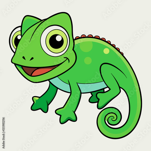 Smiling Green Chameleon: A captivating illustration of a vibrant green chameleon, radiating a cheerful disposition with a wide, inviting smile and playful eyes.