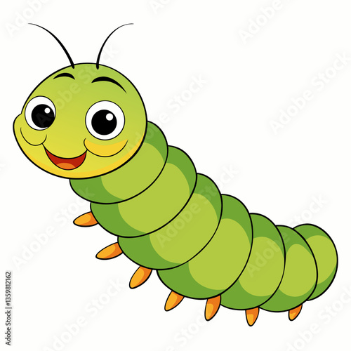 Happy Caterpillar: A cheerful green caterpillar with a friendly smile and big eyes brings a sense of delight, joy, and wonder.