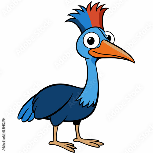 Whimsical Cassowary Cartoon: Adorable cartoon cassowary with vibrant plumage and playful eyes standing, radiating childlike wonder and innocence.