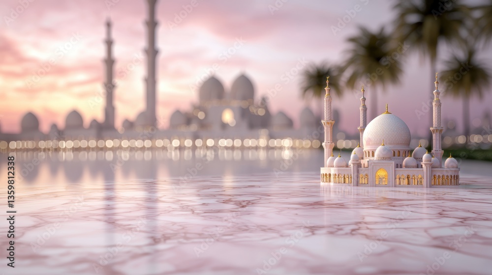 Naklejka premium Elegant Minimalist Iftar Invitation Template with 3D Mosque Design and Soft Sunset Background