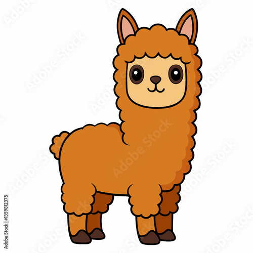 Smiling Llama Cartoon Illustration: A charming cartoon llama with a fluffy brown coat stands facing the viewer, exuding warmth and friendliness.