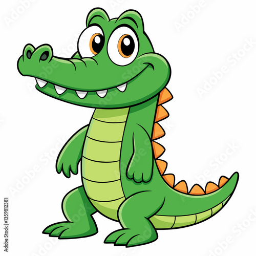 Smiling Alligator Cartoon: A cheerful cartoon alligator smiles broadly, displaying its toothy grin. Its bright green scales and orange accents add to its playful charm.