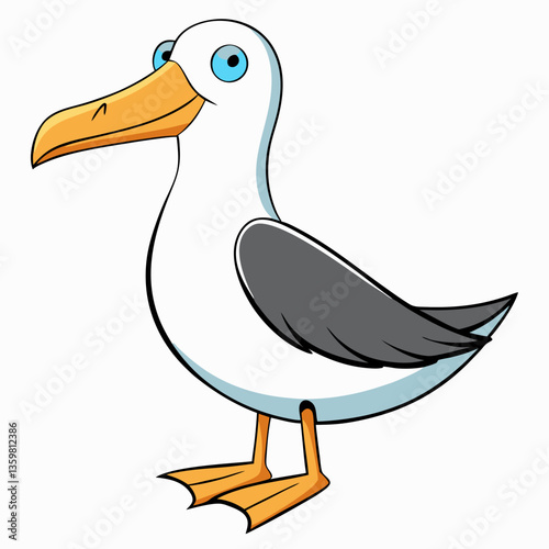 Seagull's Charming Stance: A delightful cartoon rendering of a seagull, standing gracefully, presents a cheerful expression with its bright, alert gaze, and detailed feather definition. 