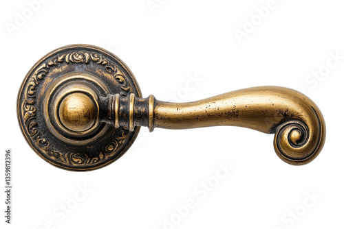 An ornate vintage brass doorknob whispering tales of yesteryear found inside an antique room with a dark background and subtle gold undertones. photo