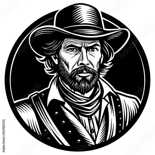"Vintage Portrait of a Cowboy: A striking vintage portrait of a stern-faced cowboy, adorned in a classic hat and attire, embodies the spirit of the Wild West and its rugged individualism.