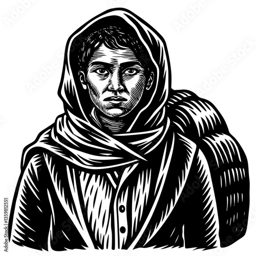Enduring Spirit: A resolute figure stands resolute, with a basket, rendered in a striking illustration, symbolizing resilience and cultural heritage.