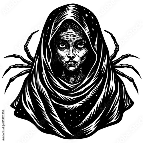 Mysterious Portrait: A haunting illustration features a woman shrouded in darkness with arachnid appendages, evoking an atmosphere of enigma and the unknown. 