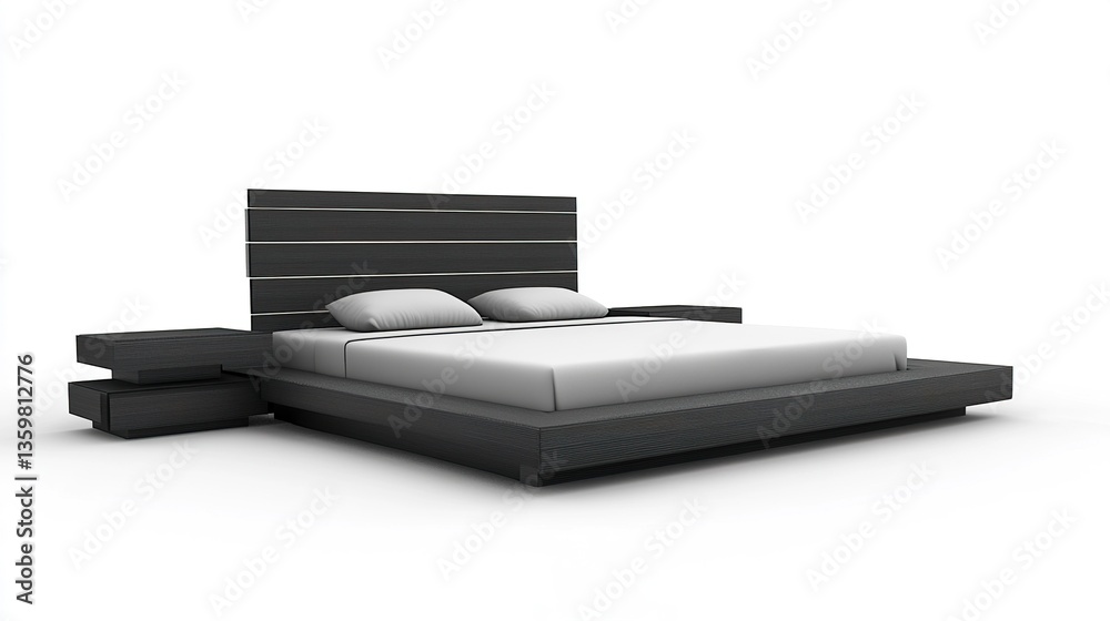 Modern furniture set, low platform bed with sleek design, matching nightstands with clean lines, minimalist dresser with smooth surfaces, isolated on white background, wide-angle perspective. Modern furniture set, low platform bed with sleek design, matching nightstands with clean lines, minimalist dresser with smooth surfaces, isolated on white background, wide-angle perspective.