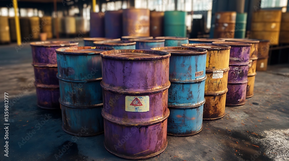 Rusty Barrels in Abandoned Factory: A Post-Industrial Scene Rusty Barrels in Abandoned Factory: A Post-Industrial Scene