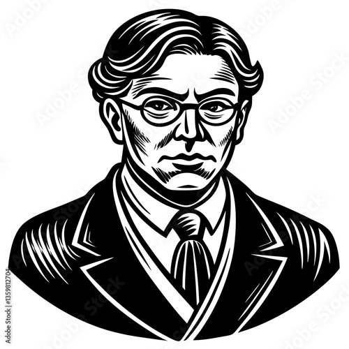Introspective Gentleman Portrait: A detailed monochrome illustration of a distinguished gentleman, his gaze sharp, donning spectacles, and formal attire, conveys intellectual depth.