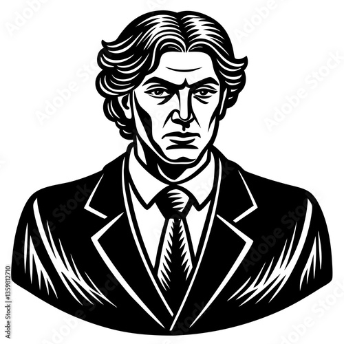 Serious Businessman Portrait: A stylized black and white illustration of a man in a suit, conveying seriousness and authority. His expression is intense, and his posture suggests confidence.