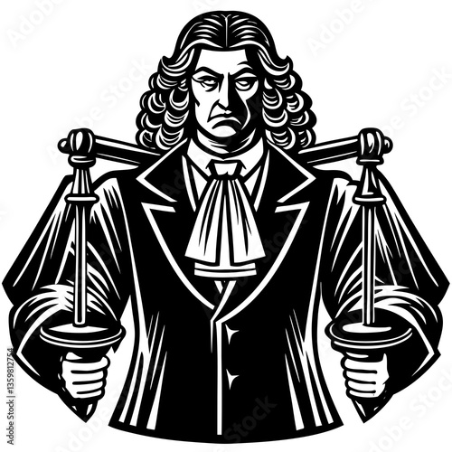 Image of Justice: A powerful black and white graphic illustration of justice personified, featuring a stern figure holding scales, symbolizing fairness and balance in the legal system.