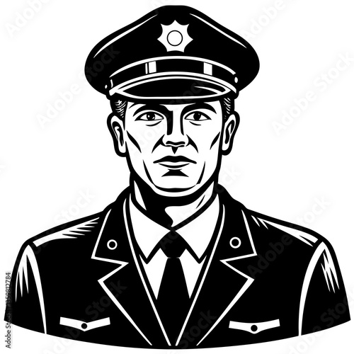 Guardian of Justice: A strong depiction of law enforcement figure, meticulously portrayed in grayscale, embodies authority and public service. This illustration speaks to themes of safety, order.