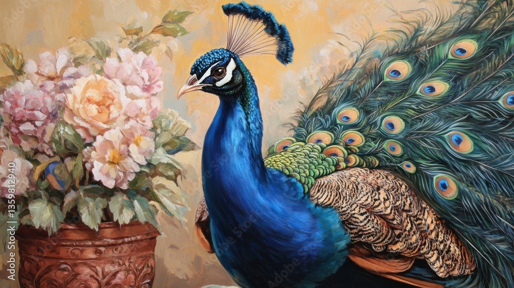 Fototapeta premium Captivating close-up of a proud and regal peacock displaying its feathers.