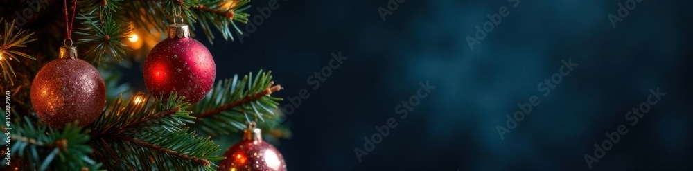 Fototapeta premium Christmas tree with sparkly ornaments and glittering lights on a dark background , twinkling lights, festive decor