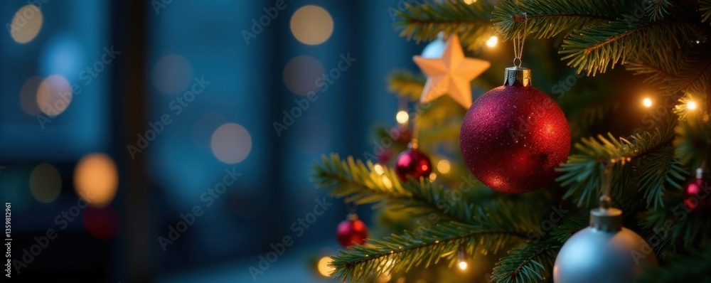Christmas tree with sparkling ornaments and lights, Sparkling lights, Christmas tree Christmas tree with sparkling ornaments and lights, Sparkling lights, Christmas tree