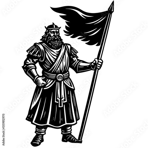 Illustration of a Warrior with a Flag: A detailed illustration shows a powerful warrior, clad in ancient armor, proudly holding a flag that flaps in the wind, against a timeless backdrop.