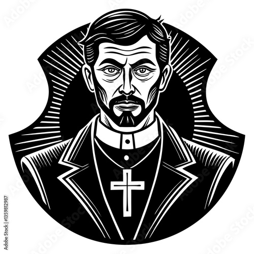 Priest in Black and White: Portrait of a serious priest with a goatee wearing a clerical collar with a cross pendant, set against a dramatic circular background.